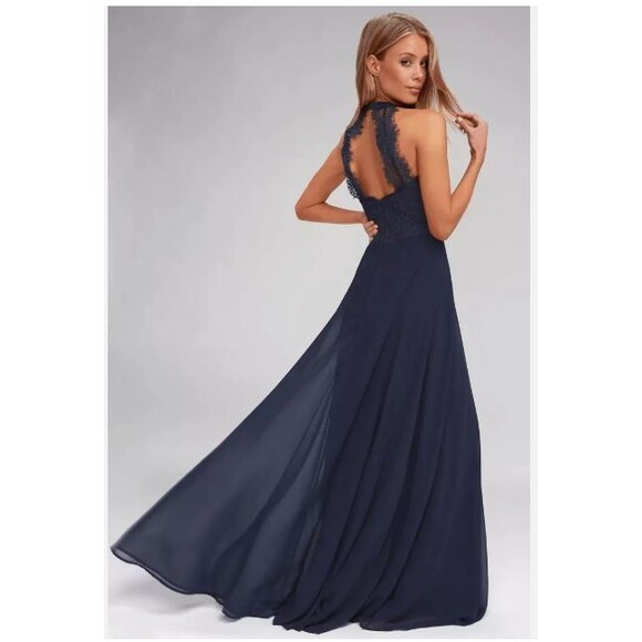 Lulus Dress Dance All Evening Navy Blue Lace Size Small Maxi Chiffon Bridesmaid - Picture 2 of 8